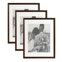 three black and white frames with a couple holding flowers