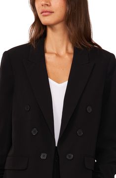 This polished blazer is designed in a double-breasted silhouette with peaked lapels and six-button cuffs. 27" length (size Medium) Peaked lapels Six-button cuffs Lined 63% polyester, 33% rayon, 4% spandex Dry clean Imported Classic Black Double-breasted Blazer, Sleek Double-breasted Semi-formal Outerwear, Sleek Double-breasted Blazer With Double Button, Double Breasted Long Sleeve Career Suit, Sleek Double-breasted Blazer, Classic Black Career Blazer Dress, Double-breasted Business Blazer Dress With Button Cuffs, Classic Double-breasted Career Blazer, Double-breasted Blazer Dress With Button Cuffs For Business