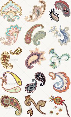 an assortment of different colored paisleys on white background - decorative objects clippings