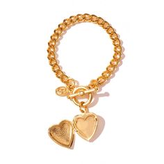 Gold link bracelet featuring open heart locket Gold Plated Bracelet With Toggle Clasp, Metal Jewelry With Gold Clasp For Gift, Metal Jewelry With Gold Clasp As A Gift, Gold Clasp Metal Jewelry As A Gift, Gold-tone Metal Jewelry With Heart Charm, Elegant Metal Heart Bracelet With Toggle Clasp, Charm Bracelet With Toggle Clasp As A Gift, Metal Chain Bracelet With Toggle Clasp As Gift, Metal Chain Bracelet With Toggle Clasp For Gift