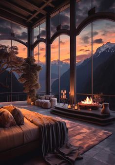 a living room filled with furniture and a fire place in the middle of a floor to ceiling window