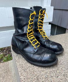 The boots are in great shape for their age and have a really interesting pair of laces out in. Please look over all the pics for measurements and condition and let me know if you have any questions!  We ship one or two days after receiving payment for purchases. Returns are not accepted. Thanks for dropping by. We're glad you found us! Vintage Black Moto Boots For Outdoor, Vintage Lace-up Combat Boots For Streetwear, Vintage Black Lace-up Boots, Vintage Lace-up Moto Boots With Reinforced Toe, Vintage Black Combat Boots With Reinforced Toe, Vintage Combat Boots With Snip Toe And Reinforced Toe, Vintage Steel Toe Lace-up Combat Boots, Vintage Steel Toe Lace-up Boots, Vintage Lace-up Combat Boots With Steel Toe