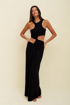 Turn heads in our Cutout Twist Dress, crafted from comfortable knit fabric. This maxi dress features asymmetrical openings at the shoulders and a chic twist/ruched cutout at the center, creating a flattering fitted silhouette. Cutout Black Dress, Modest Baddie, Black Cutout Dress, Dress With Cutouts, Twist Dress, Twisted Dress, Dress Aesthetic, Personalized Clothes, Fitted Silhouette