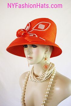 Women's Couture Designer Orange And White Satin Sculptured Abstract Slant Brim Fashion Hat. This Formal Wedding Hat Is Trimmed With A Satin Extension And Satin Floral Leaves Embedded With White Encased Clear Acrylic Rhinestones. The Brim Tilts Downward On This Classic Styled Dress Hat. This Elegant Dress Hat Will Make A Fashion Statement. This Statement Hat Is Custom Made And Designed By NY Fashion Hats Couture Millinery Headwear Apparel. This Hat Is Suited For Weddings, Brides, Mother Of The Br Brides Mother, Statement Hat, Couture Hats, Bridal Hat, Floral Leaves, Wedding Hat, Dress Hat, Ny Fashion, Church Hats