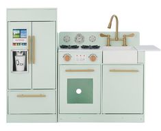 a toy kitchen with green cabinets and white appliances