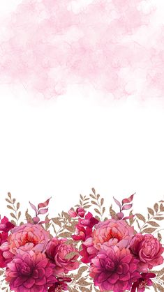 pink flowers are in the middle of a white background with gold leaves and watercolor paint