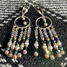 Sterling Silver Beaded Earrings By Anne Hardee Artisan Swarkowski Crystals, Freshwater Pearls And Blue Crystals Length: 2 1/2" Long Pyrite Earrings, Silver Bead Earrings, Antique Turquoise, Gold Heart Earring, Crescent Earrings, Fish Hook Earrings, Round Stud Earrings, Red Earrings, Cat Earrings