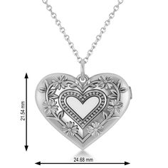 Style Number - AZ17876
This beautiful locket will go straight to her heart with a beautiful floral design ingrained into this locket pendant's 14k white gold setting.This picture locket opens to reveal two photo holders to securely hold images of the things you hold most dear and comes with your choice of a matching gold 16 or 18 chain. The back of this locket can be engraved with the text of your choosing. Engraved White Gold Open Heart Jewelry, Elegant Medallion Locket Necklace For Mother's Day, Heart Locket Necklace For Anniversary, Heart Pendant Locket Necklace For Wedding, Wedding Heart Medallion Locket Necklace, Engraved Open Heart White Gold Jewelry, Heirloom White Gold Locket Necklace, Elegant Double Heart Engraved Locket Necklace, Locket For Anniversary Gift