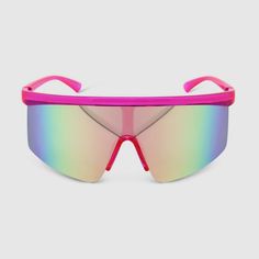 Oversized shield-style sunglasses. Made with lightweight plastic frame in a pink color with colorful lenses. UV protection lenses help shield eyes from the sun's harmful rays. Wild Fable™: A look for every story. If you’re not satisfied with any Target Owned Brand item, return it within one year with a receipt for an exchange or a refund. Gender: female. Age Group: adult. Sun Glass For Women, Sunglasses Colorful, Preppy Sunglasses, Pit Viper Sunglasses, Y2k Pink, Cute Sunglasses, Summer Sunglasses, Wild Fable, Shield Sunglasses