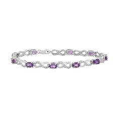 "With alternating oval-cut genuine amethyst stones and infinity links with diamond accents, this sterling silver bracelet gives you unending beauty.BRACELET DETAILSLength: 7.25 in.Clasp: lobster-clawMetal: rhodium-plated sterling silverSTONE DETAILSStone type: genuine amethystShape: ovalSetting: prongDIAMOND DETAILSTotal weight: less than 1/10 ct.Shape: roundColor grade: I-JClarity: I2-I3Setting: prongImage(s) may be enlarged to show detail.Diamond weights are approximate. Diamond total weights Purple Rose Bracelet, Amerhyst Bracelet, Purple Tennis Bracelet For Anniversary, Amethyst Stones, Infinity Jewelry, Birthday Bracelet, Sterling Bracelets, Jewelry Clasps, Amethyst Jewelry