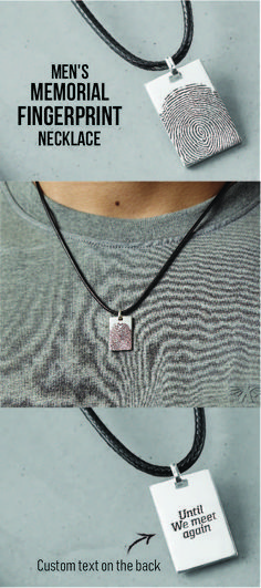 two men's necklaces with the same fingerprint on them, one has a square