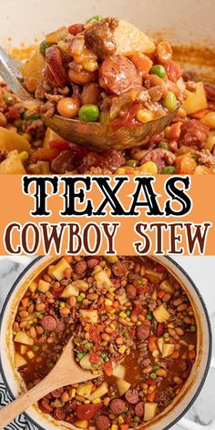 two pictures with the words texas cowboy stew in them