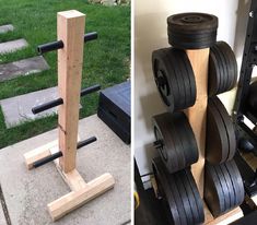 two pictures side by side one has a barbell and the other has a weight rack