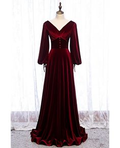 Buy dark red velvet vneck evening dress with lantern long sleeves at affordable price online. Free shipping and pro custom service since 2009. High Neck Long Sleeve Prom Dress, डिजाइनर कपड़े, Fancy Fashion, Simple Bridesmaid Dresses, Dream Prom, V Neck Prom Dresses, Red Velvet Dress, Long Sleeve Prom, Burgundy Bridesmaid Dresses