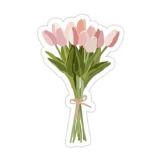 a bouquet of pink tulips tied to a sticker