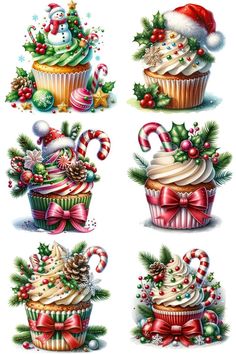 four christmas cupcakes with candy canes and decorations on them, all in different colors