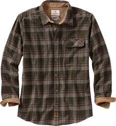 A hunter s wardrobe is not complete without a great flannel. Our exclusive plaids are made from 100  cotton soft brushed flannel. Featuring double pleat back for ease of movement and contrasting corduroy lined collar and cuffs for a great look and lasting durability. Left chest pocket with pencil slot and button closure  and adjustable cuffs. Mens Fashion Retro, Mens Flannel Shirt, Mens Flannel, Country Shirts, Long Sleeve Flannel, Loose Shirts, Plaid Fashion, Long Sleeve Plaid, Plaid Flannel Shirt