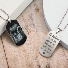 Celebrate the special journey of parenthood with our Personalized Photo Dog Tag Necklace for Dad from the Bump. This thoughtful and heartfelt gift allows him to carry the memory of his little one close to his heart even before they've met, creating a beautiful connection between father and child. The highlight of our necklace is the custom ultrasound photo printing. Personalize the dog tag with the ultrasound image of his future child, creating a bespoke keepsake that captures the anticipation a Personalized Dog Tag Necklace For Mother's Day, Mother's Day Personalized Dog Tag Necklace, Father's Day Gift Dog Tag Necklace, Father's Day Dog Tag Necklace For Gift, Father's Day Dog Tag Necklace Gift, Personalized Dog Tag Necklace For Birthday, Personalized Dog Tag Necklace For Father's Day, Personalized Dog Tag Necklaces For Father's Day, Father's Day Hand Stamped Dog Tag Necklace