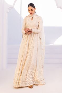 Off-white Churidar With Straight Kurta, Chikankari Embroidered Dola Silk Anarkali With Straight Kurta, Chikankari Embroidered Straight Kurta Anarkali Set, Designer Wear Cream Kurta For Navratri, Designer Cream Kurta For Navratri, Transitional Off White Kurta With Dupatta, Transitional Off-white Kurta With Dupatta, Bollywood Style Off-white Straight Kurta, Traditional Chanderi Sherwani With Naqshi