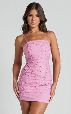 Kellie Mini Dress - Strappy Embroidered Lace Dress in Pink | Showpo USA Spring Mini Dress With Lace Trim And Straight Neckline, Spring Dress With Lace Trim And Straight Neckline, Spring Dress With Straight Neckline And Lace Trim, Summer Lace Dress With Straight Neckline, Fitted Lace Dress With Straight Neckline For Summer, Summer Lace Mini Dress With Straight Neckline, Lace Mini Dress With Lace Work, Lace Mini Dress With Straight Neckline For Summer, Mini Lace Dress With Lace Work