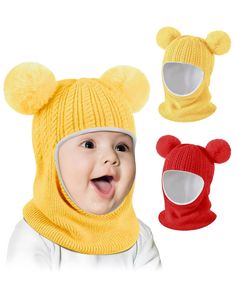 a baby wearing a yellow bear hat and two matching beanies, both with ears