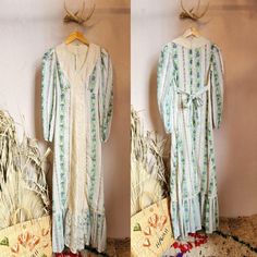 Sweet 70s Gunne Sax style prairie maxi dress with lace inserts. Zippered back closure with ties.    Dimensions:  P to P: 16 in Waist: 26 in Length: 55 in Label: None Material:  Cotton, lace Vintage: Just like Grandma, the dings and bruises of vintage are part of her lovely package, so please love her as she is, with all of her signs of an authentically lived life. You wouldn't want her any other way. All sales are final. Shop more of our items here: https://www.etsy.com/shop/VintageAvengerBoheme?ref=ss_profile  Shop our regular website at  https://www.vintageavengerhumboldt.com/ Hippie Style Spring Maxi Dress, Hippie Long Maxi Dress For Spring, Spring Hippie Long Maxi Dress, Vintage Long Dresses For Spring, Fitted Hippie Maxi Dress For Spring, Hippie Style Floor-length Spring Maxi Dress, Bohemian Daywear Dress With Vintage Print, Bohemian Prairie Dress For Spring Daywear, Bohemian Long Sleeve Maxi Dress With Lace Trim