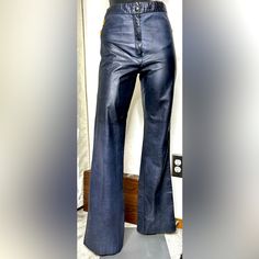 1960’s-1970’s Vintage/ Beautiful Dark Blue Leather Pants Is High Rise/ With Sexy Stitching Butterfly Designs On The Back. Slightly Flared Legs. Trending Style/ Waist: 27” Hip:29” Front Rise: 9”5 Thigh 8” Inseam:32.5 Outseam:39” Leg Opening :9” Length : 42.5” Please Feel Free To Ask Me Anything.. Blue Leather Pants, Butterfly Designs, Ask Me Anything, Butterfly Design, Blue Leather, Boot Cut, Pant Jumpsuit, Leather Pants, Dark Blue