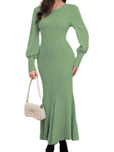 F00243886-103 Fitted V-neck Maxi Dress For Fall, Elegant Fitted Winter Maxi Dress, Elegant Fitted Maxi Dress For Winter, Chic Long Sleeve Dress For Dress Down Occasions, Chic Green V-neck Sweater Dress, Long Bodycon Dress For Evening In Fall, Fitted Green Long Sleeve Knee-length Dress, Green Fitted Long Sleeve Knee-length Dress, Fall Fitted V-neck Maxi Dress