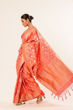 Peach Katan Silk Brocade Handwoven Banarasi Saree - Anvi Couture Banarasi Silk Pre-draped Saree With Zari Weaving For Reception, Silk Saree With Zari Weaving For Reception, Silk Traditional Wear With Zari Weaving For Reception, Orange Saree For Reception With Traditional Drape, Banarasi Silk Pre-draped Saree For Diwali Reception, Elegant Banarasi Silk Saree For Reception, Diwali Banarasi Silk Pre-draped Saree For Reception, Festive Reception Saree With Zari Weaving, Elegant Meenakari Pre-draped Saree For Wedding