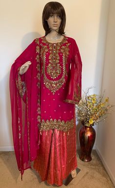 Product code- 105 Work: - Heavy zari work,sequins and stone work    Material: - Chiffon magenta  Colour : - magenta Same As Picture   Sleeve Length: - full Sleeve   Product: - Kurti + Sharara + dupatta  Sharara- Banarsi pink length-39 inch Dupatta- chiffon magenta  Kurti length- 39 Inc   Dupptta: 2.20" mtr.    Size : --40" 42" any size  Stitched: - Yes, full stitched Eid collection 2024  Occasion: - Party/Office/Casual/Travel Wear Luxury Pink Banarasi Silk Sharara, Party Georgette Dupatta With Dabka Detailing, Party Georgette Dupatta With Dabka, Elegant Gold Salwar Kameez In Georgette, Party Wear Georgette Dupatta With Dabka, Party Dupatta With Dabka On Georgette, Gold Georgette Kurta For Diwali, Traditional Gold Georgette Kurta, Gold Salwar Kameez With Zari Work In Georgette