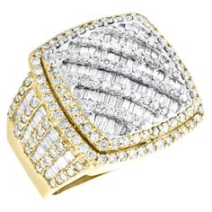 A bold and manly look, this sparkling diamond ring is just the perfect style for him. Brilliantly casted in 10K Yellow Gold, this ring features sparkling diamonds set in 23mm wide frame. This ring design was intricately thought out so it can be worn for any occasion, no matter how casual or fancy. Fancy Square Step Shank frame with diamonds is the focal point of this fancy statement band, making a bold fashion statement. Make an impression with this exclusive ring captivating 3.95 ct. t.w. of ge Sparkling Diamond Ring, Wedding Jewelery, 10k Gold Chain, Engraved Bar Necklace, Gold Anklet, Sparkling Diamond, 18k Gold Jewelry, Fancy Diamonds, Baguette Cut Diamond