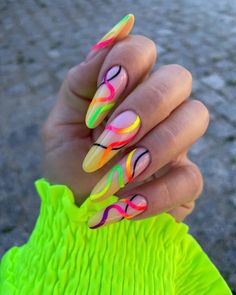 40+ Most Popular 2022 Nails to Copy Neon Nail Designs, Pretty Nail Art Designs, Rainbow Nails, Neon Nails, Beach Nails, Minimalist Nails, Funky Nails, Dope Nails, Short Acrylic Nails