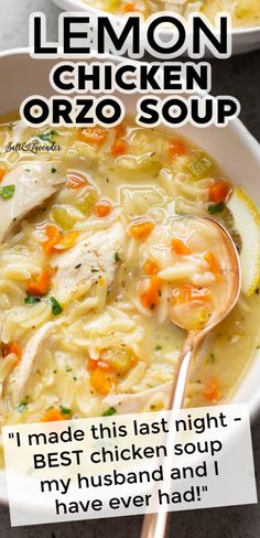 the recipe for lemon chicken orzo soup is shown