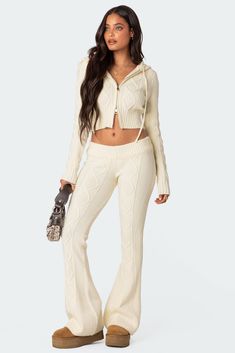 PRODUCT INFO Pants Flared fit Cable knit fabric Polyester, Rayon Model wears size S Model height is 5'7 Item care: Wash with similar color Cable Stitch Knit, Aliyah Core, Corset Leggings, Preppy Inspo, Pant Outfits, Core Outfits, Fabric Matching, Scary Things, Winter Mood