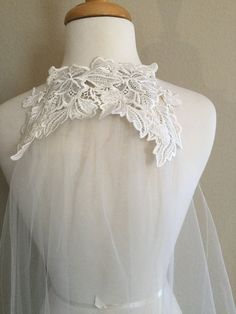 "Pale Ivory Juliette style veil with a boho vibe Venice/crochet lace motifs with 2 small comb's attached underneath for mounting in the hair. Veil has fine thread stitched edge around the veil. 50\" total length. (A little longer than fingertip) Can be worn on crown of head or lower depending on your hairstyle A very unique & feminine look Pearls, beads, crystals can be added on request (add $35) One of a kind design created in California" Juliette Veil, Boho Veil, Hair Veil, Wedding Dress Topper, Boho Veils, Dress Topper, Beaded Cape, Lace Motifs, Head Crown