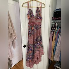 Nwt Free People Dress Size Large. Can Be Tied Multiple Ways Purple Midi Length Sundress For Vacation, Purple Sundress Midi Dress For Vacation, Purple Bohemian Sundress With Floral Print, Purple Midi Sundress, Purple Floral Print Midi Dress For Beach, Flowy Purple Maxi Dress For Day Out, Purple Midi-length Beach Dress, Purple Midi Beach Dress, Purple Maxi Dress For Day Out