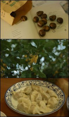 some food that is in a bowl on a table and next to a bag with nuts