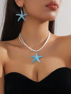 1set/3pcs Simple Fashion Star Shaped Pendant Necklace Set With Blue Starfish Earrings, Ocean Vacation Style Beach Jewelry For Women Baby Blue    Zinc Alloy     Women Fashion Jewelry, size features are:Bust: ,Length: ,Sleeve Length: Starfish Jewelry For Vacation, Blue Summer Jewelry With Starfish Charm, Blue Star Shaped Jewelry For Vacation, Blue Starfish Charm Jewelry For Summer, Blue Starfish Charm Jewelry For The Beach, Blue Star Jewelry For Vacation, Summer Blue Starfish Charm Jewelry, Blue Starfish Jewelry For Beach, Blue Starfish Beach Jewelry