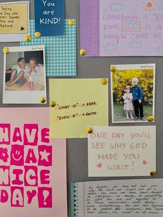 a bulletin board with pictures and words on it