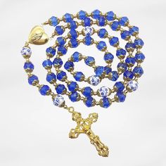 Gold Blue Crystal Rosary Crystallized Beads Necklace Miraculous Locket Medal Nazareth Store Blue Beaded Rosary As A Gift, Handmade Blue Rosary For Jewelry Making, Blue Jewelry With Large Beads For Gifts, Blue Large Beads Jewelry Gift, Handmade Royal Blue Round Beads Jewelry, Blue Czech Glass Jewelry With Large Beads, Adjustable Blue Beaded Rosary, Blue 8mm Beads Jewelry For Gift, Blue 8mm Bead Jewelry For Gift