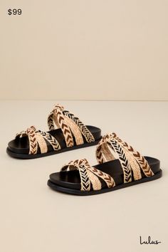 Slide into summer with a cute look in the Schutz Trassie Sporty Black Raffia Knotted Slide Sandals! These Boho-chic sandals have a smooth faux leather construction with a rounded footbed, an open toe upper, and a slide-on design. A network of fabric and raffia woven straps (in cream, black, and brown) create matching vamp straps that feature cute knotted details. Contoured sole. 1. 25" flatform sole. Smooth insole. Rubber sole has nonskid markings. Man made materials. Imported. Lulus | Trassie Sporty Black Raffia Knotted Slide Sandals. Chic Sandals, Sandals Summer, Slide Sandals, Open Toe, Apparel Accessories, Rubber Sole, Boho Chic, Black And Brown, Shoes Sandals