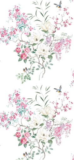 a white wallpaper with pink flowers and birds on the top of each flower branch