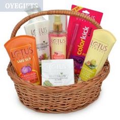 a basket filled with lots of different types of skin care products on top of a white background