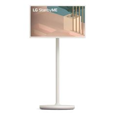 the lg stanby me sign stands on a white pedestal with a blue and pink background