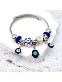 1pc Fashionable Stainless Steel Bracelet With Heart, Star & Palm Shaped Charm, Blue Stars, Full Rhinestone & Evil Eye Design Jewelry For Women, Ideal Gift For Date     Stainless Steel     Women Fashion Jewelry, size features are:Bust: ,Length: ,Sleeve Length: Heart Bracelet Diy, Dating Gifts, Evil Eye Design, Hamsa Pendant, Stainless Steel Bangles, Watches Women Fashion, Eye Design, Pendant Bracelet, Summer Accessories