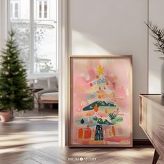 a christmas tree is in the corner of a room next to a dresser and potted plant