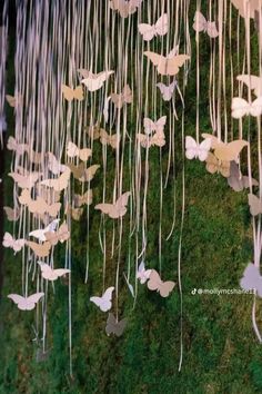 a moss covered wall with white butterflies hanging from it's sides and streamers in the air