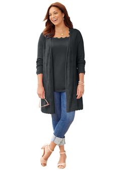 Our Pointelle Cardigan is not only comfy and cozy but is hands down chic. It brings a nonchalant fashionable ease to your look. Whether layered over a flattering tunic or paired with your favorite jeans, it dresses up or dresses down your outfit beautifully. FABRIC: A delicately textured pattern that's super soft, lightweight, and airy. FIT: The easy-wearing silhouette drapes the body beautifully. Designed with long sleeves with a scallop edge finish at the sleeves and hem, plus side slits.  55% Plus Size Fashion For Women Over 50, Cardigan Outfit Plus Size, Clothes For Women Over 50, Pointelle Cardigan, Chic Sweater, Ladies Wear, Plus Size Cardigans, Scallop Edge, Chic Sweaters