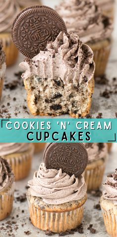 cookies'n cream cupcakes with oreo cookies on the top and bottom