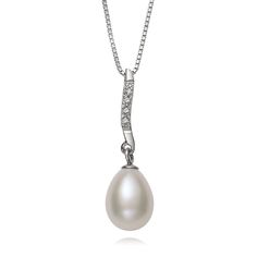 Sterling silver drop pendant with one 7 millimeter teardrop shaped white freshwater cultured pearl and four 1 millimeter round lab created white sapphires 18 inch sterling silver box chain Sapphire Pendant Necklace, Pearl Drop Pendant, Sapphire Necklace Pendants, Helzberg Diamonds, Matching Wedding Bands, Sapphire Pendant, Silver Box, Silver Prices, Pearl Chain